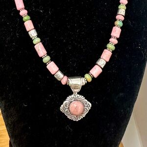 CAROLYN POLLACK Sterling Silver Pink Rhodonite Green Turquoise Beaded Necklace